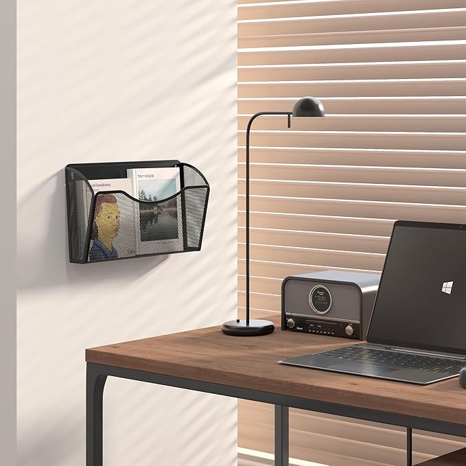 EasyPAG Wall File Holder, Single Mesh Hanging File Organizer for A4 Letter Size Paper, Wall Mount Paperwork Basket for Office, Home, School, Black