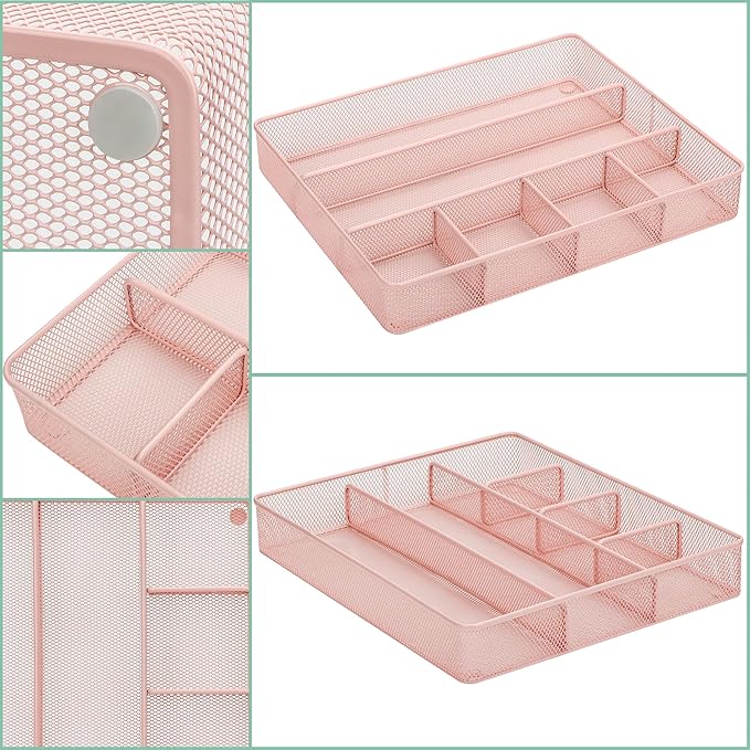 Annova Desk Top Organizer Tray for Office Organization - Metal Mesh - Storage Tray with Dividers for Pens, Desktop Accessories, Bathroom, Kitchen, Makeup and Office Supplies (Large, Light Pink)-NeatNest
