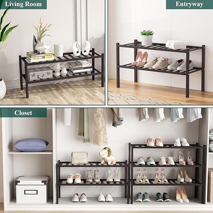 Smiry Shoe Rack, 2 Tier Bamboo Shoe Organizer, Stackable Free Standing Wooden Shoe Storage Shelf for Closet, Entryway, Front Door Entrance, Brown-NeatNest