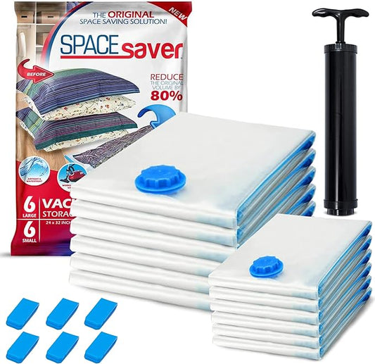 12 Pack Variety Vacuum Storage Bags for Comforters, Blankets & Clothes – Vacuum Sealed Compression Bags with Hand Pump – Space Saver Storage Bags for Bedding, Moving, Travel & Organization (6S & 6L)-NeatNest