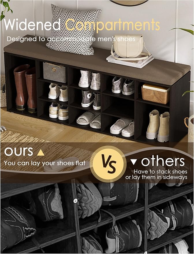 DINZI LVJ Shoe Storage Bench with Cushion, 15-Cubby Shoe Rack, Adjustable Shelves, Long Shoe Organizer Bench for Entryway, Mudroom, Hallway, Living Room, Bedroom and Garage-NeatNest