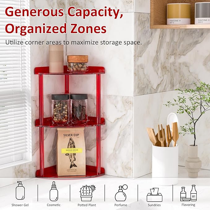 3 Tier Countertop Corner Organizer Shelf 7x7x15.7 Inch, Red Countertop Acrylic Bathroom Corner Shelf, Vanity Storage Organizer for Cosmetics, Toiletries-NeatNest