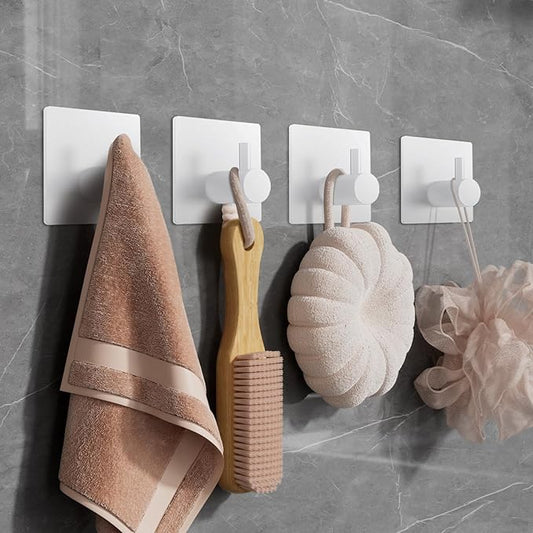 4PCS Adhesive Matte White Self-Adhesive Towel Hook, Waterproof Shower Wall Hook, Heavy-Duty Stainless Steel Adhesive Hook for Bathroom, Kitchen, Bedroom, Suitable for Hanging Clothes, Hats, Bags, Keys