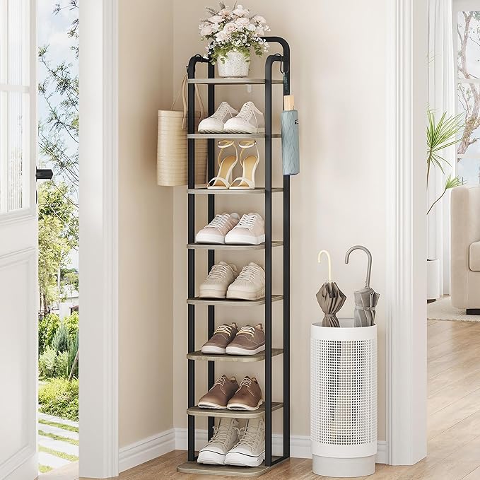 8 Tiers Vertical Shoe Rack, Narrow Shoe Tower, Tall Shoes Shelf with 2 Hooks, Adjustable Shelves, Corner Shoes Shelves for Small Spaces, Entryway, Living Room, Greige SR04305B-NeatNest