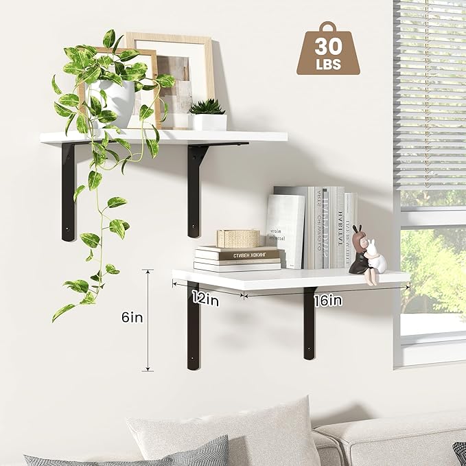 Fun Memories Floating Shelves for Wall, 12 Inch Deep Floating Shelves Set of 2, Wall Mounted Shelf with Metal Brackets, Rustic Wood Wide Shelf for Bathroom, Kitchen and Living Room, White, 16W x 12D-NeatNest