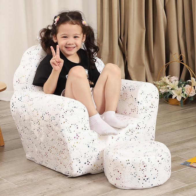 Kids Sofa with Ottoman, Shell-Like Sofa for Boys and Girls, White with Shinny-NeatNest