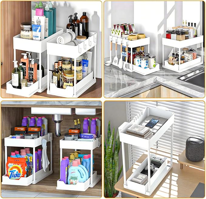 2 Pack Under Sink Organizer, 2 Tier Bathroom Organizers and Storage, Cabinet Organizer with Hook, Multi-Purpose Under Sink Organizers and Storage for Bathroom & Kitchen, Bedroom (White)-NeatNest