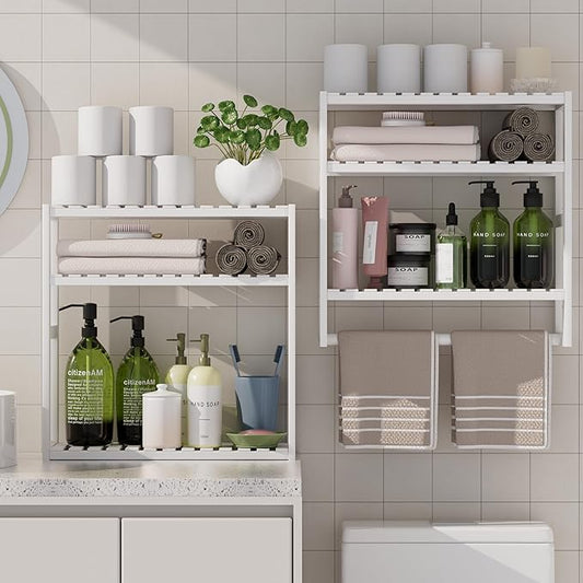 PPN Towel Rack Bathroom Storage Shelves Over The Toilet with Towel Bar 100% Bamboo Adjustable Height Floating Shelf Wall Shower Shelf for Small Space Bathroom Kitchen Multi Usage White New 2Pack