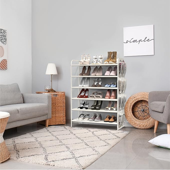 Simple Houseware 6-Tier Shoe Rack Storage Organizer w/Side Hanging Bag, White-NeatNest