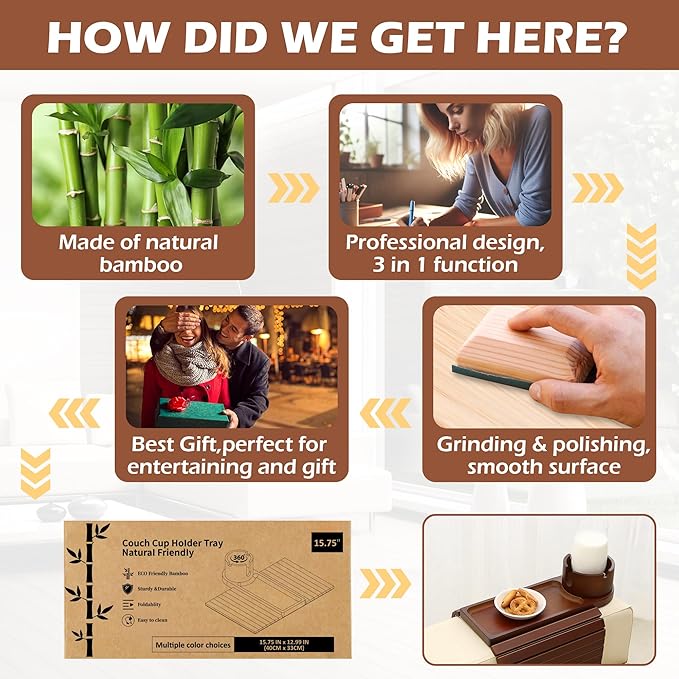 Couch Cup Holder Tray, 15.75" Bamboo Cup Holder for Couch, 3 in 1 Foldable Arm Chair Clip on Side Tray Table for Remote Snack Table on Armrest-NeatNest