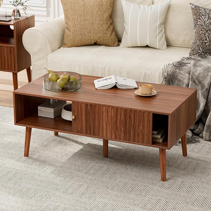 Coffee Table with Storage, Mid Century Dining Table with Sliding Fluted Door and Solid Wood Legs, Small Coffee Tables for Living Room, Walnut-NeatNest
