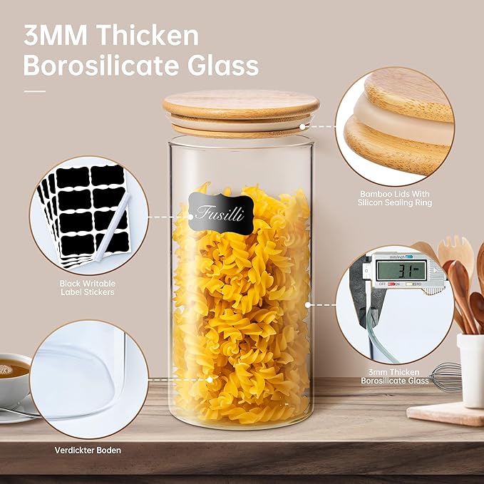 17oz - 4 Pack Glass Jars with Bamboo Lids, Glass Food Storage Containers with Airtight Lids, Air Tight Pantry Storage Containers for Coffee, Sugar, Spice, Meal Prep Jars for Salad & Fruit-NeatNest