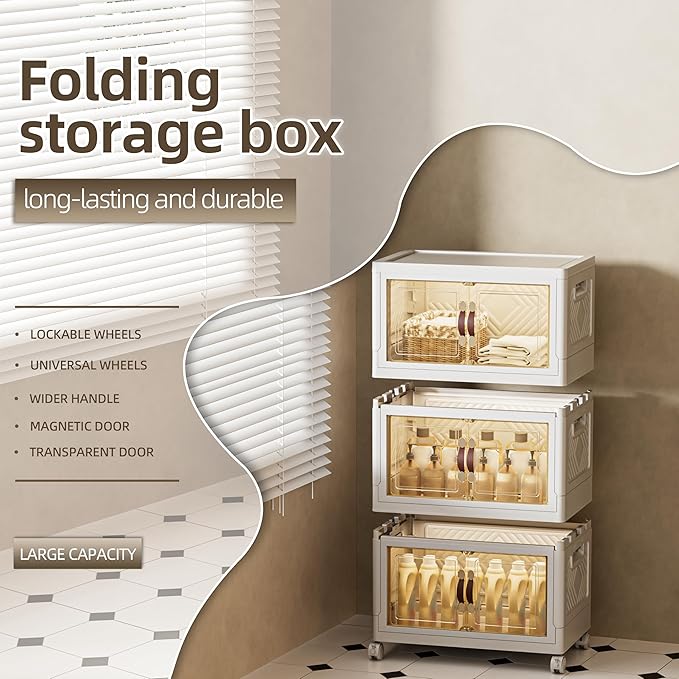 108 QT / 27 Gal Stackable Storage Bins (1 Lid) w/Wheels & Magnetic Doors, Collapsible Plastic Organizer Cabinet for Closet Office Garage - White Storage Containers-NeatNest