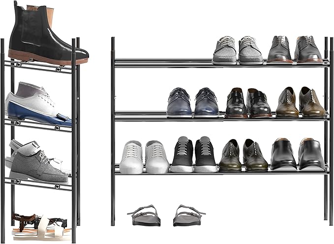 Simple Houseware 3-Tier Expandable and Stackable Shoe Racks with Shelves for 12 Pairs of Shoes, Black-NeatNest