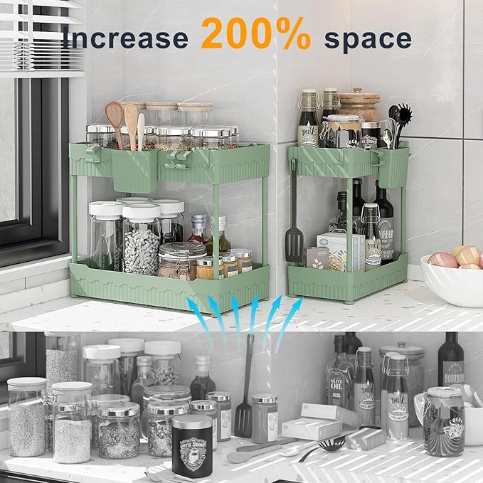 2 Pack Under Sink Organizer, Under Bathroom Cabinet Organizer with Hooks Hanging Cup, Multi-Purpose Storage Shelf for Kitchen Bathroom (Green, L)-NeatNest