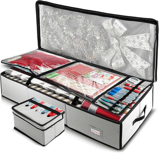 Hearth & Harbor Wrapping Paper Storage Container - Christmas Storage Bag with Ribbon Dispenser and Interior Pockets - Gift Wrap Organizer Fits Up to 26 Rolls of 40" Length, Silver-NeatNest
