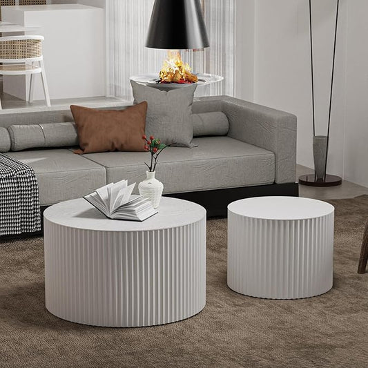 Round Wood Coffee Table Set of 2 Modern Circle Nesting Coffee Table Handcrafted Drum Nesting Table Nesting Coffee Tables for Living Room for Small Space (White (D27.56+D19.69 inch))
