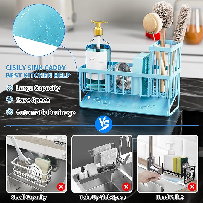 Cisily Blue Kitchen Sink Caddy Organzier with High Brush Holder, Sponge Holder for Sink, 304 Rustproof Stainless, Kitchen Countertop Soap Dispenser Organizer, Home Decor and Accessories-NeatNest