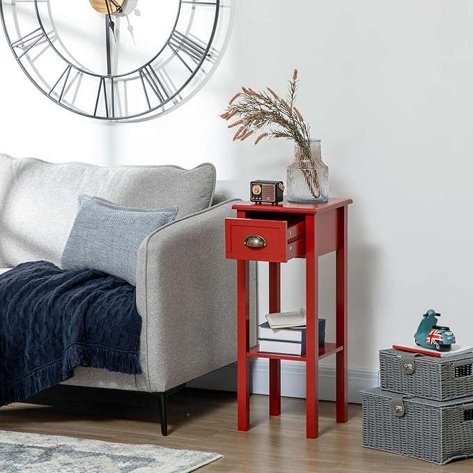 HOMCOM 2-Tier Side Table with Drawer, Narrow End Table with Bottom Shelf, for Living Room, Set of 1, Red