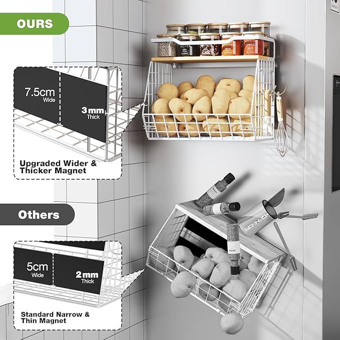 2 Pack Magnetic Shelf for Fridge with Wider & Thicker Magnet, Refrigerator Organizer Storage Basket for Fruit, Onion, Potato, Spice Rack, Kitchen, Laundry, Pantry (White, 13.77" X 6.77" X 11.81")