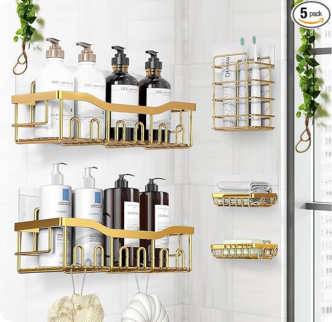 Luxury Style 5 Pack Stainless Steel Adhesive Shower Caddy Set - Rustproof Bathroom Organizer with Large Capacity Storage| No Drilling Shelves Shower Caddy Organizer | Bathroom Decor (Luxury Gold)