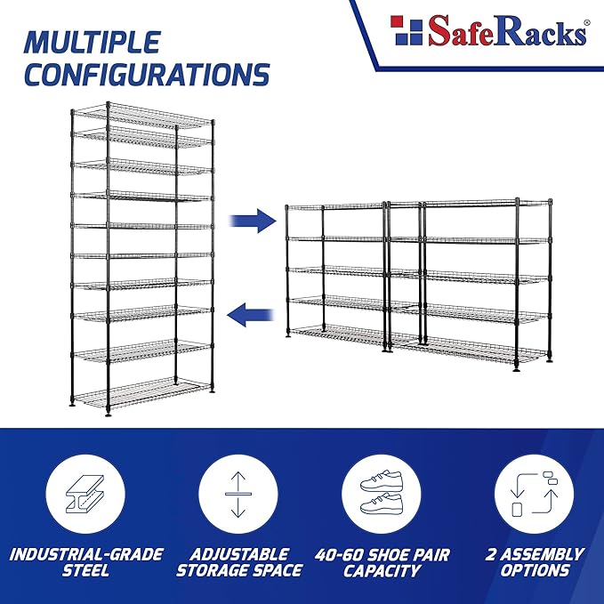 SafeRacks 10-Tier Shoe Rack - Black, Large Shoe Storage Organizer, 60 Pair, Heavy Duty Shoe Stand with Vertical Free Standing Shoe Shelf, Perfect for Entryway, Closet, Garage, & Bedroom Storage-NeatNest