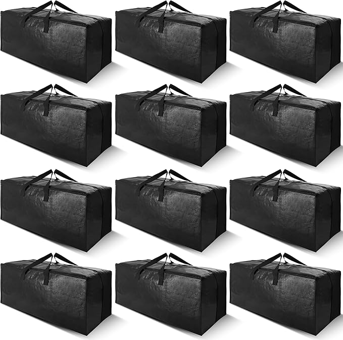 Cosy Family 12 Pack Heavy Duty Moving Bags with Backpack Straps - Strong Handles & Zippers, Storage Totes For Space Saving, Fold Flat, Alternative to Moving Box (X-Large-Set of 12, Black)-NeatNest