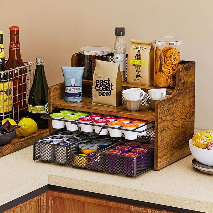 Coffee Pod Holder with Drawer & Dividers, 4-Tier Wood K Cup Organizer for Countertop, Coffee Bar Organizer Storage Box, Coffee Station Organizer for Kitchen Coffee Station-NeatNest