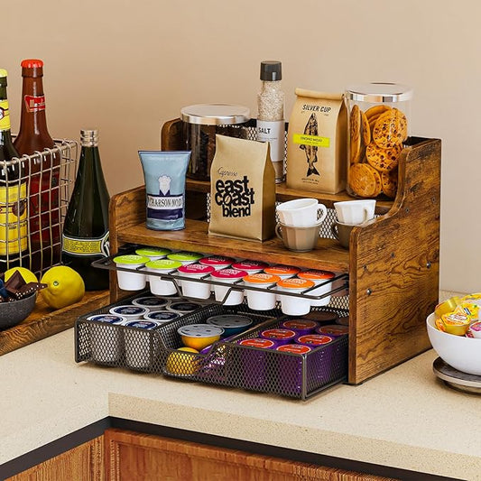 Coffee Pod Holder with Drawer & Dividers, 4-Tier Wood K Cup Organizer for Countertop, Coffee Bar Organizer Storage Box, Coffee Station Organizer for Kitchen Coffee Station-NeatNest