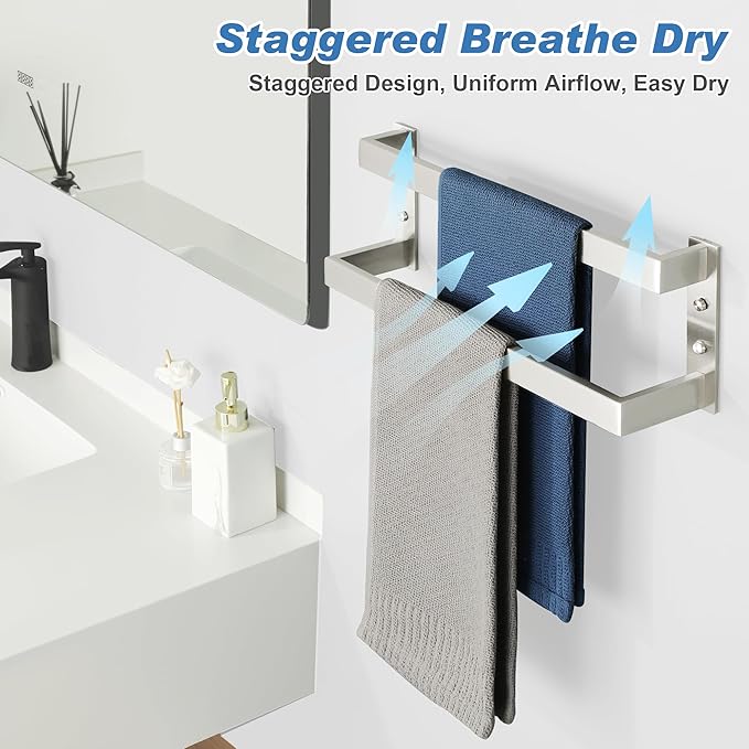 Alise Double-Layer Towel Bar, Brushed Nickel Towel Racks for Bathroom Wall Mounted, Stainless Steel Bathroom Towel Holder, Modern Space Saving Towel Rod, 16"