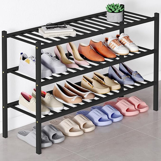 Smiry Bamboo Shoe Rack for Closet, 3 Tier Long Wooden Stackable Shoe Organizer, Free Standing Shoes Storage Shelf for Entryway, Front Door Entrance, Black-NeatNest