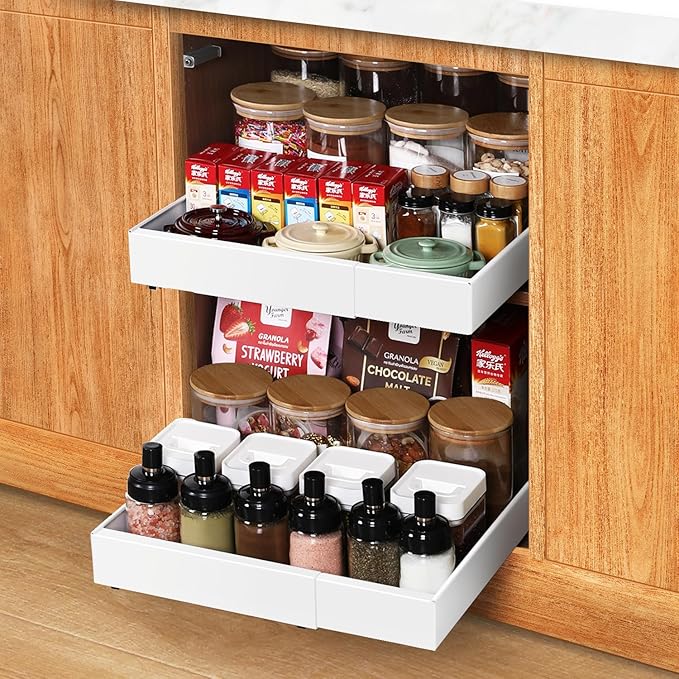 Under Sink Cabinet Organizer with Slide-Out Drawers Heavy-Duty Adjustable 12.6''-20.5'' Deep Tool-Free Adhesive & Screw Mounting, Removable Shelves for Kitchen Storage (White)-NeatNest