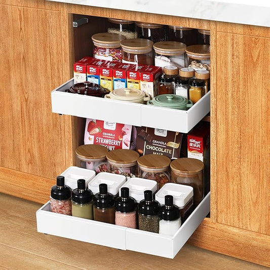 Under Sink Cabinet Organizer with Slide-Out Drawers Heavy-Duty Adjustable 12.6''-20.5'' Deep Tool-Free Adhesive & Screw Mounting, Removable Shelves for Kitchen Storage (White)-NeatNest