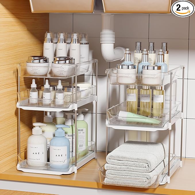 Delamu 2 Sets of 3-Tier Bathroom Under Sink Organizers and Storage, Multi-Purpose Stackable Pantry Organization and Storage, Pull Out Clear Kitchen Bathroom Cabinet Organizer with Movable Dividers-NeatNest