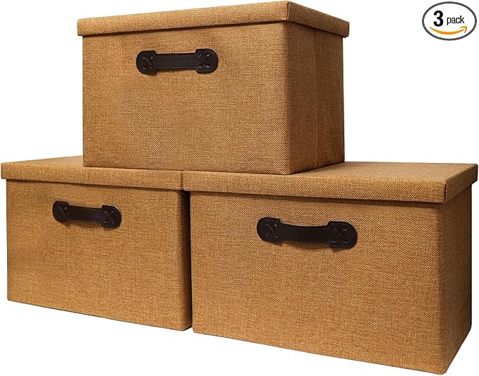 Enzk&Unity Decorative Storage Bins with Lids, Fabric Linen Foldable Storage Box with Handle Home Organizer for Shelf, Closet, Bedroom, Living Room, Office, 3 Packs, Brown-NeatNest
