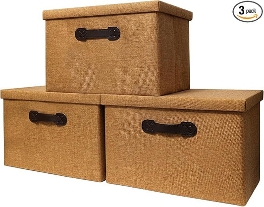 Enzk&Unity Decorative Storage Bins with Lids, Fabric Linen Foldable Storage Box with Handle Home Organizer for Shelf, Closet, Bedroom, Living Room, Office, 3 Packs, Brown-NeatNest