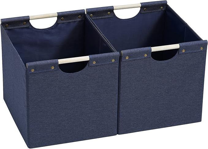 HOONEX Large Foldable Storage Bins, Linen Fabric, Pack of 2, Storage Baskets with Wooden Carry Handles and Sturdy Heavy Cardboard, for Home, Office, Car, Nursery, Blue