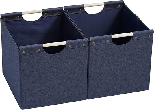HOONEX Large Foldable Storage Bins, Linen Fabric, Pack of 2, Storage Baskets with Wooden Carry Handles and Sturdy Heavy Cardboard, for Home, Office, Car, Nursery, Blue