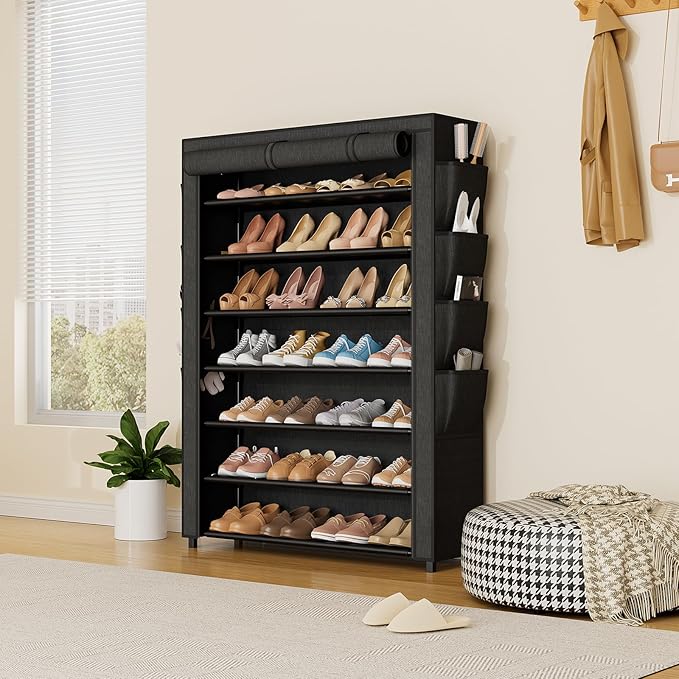 VTRIN Shoe Rack with Cover, 7 Tier Shoe Organizer Storage for 35-40 Pairs Shoes and Boots Large Capacity Tall Shoe Shelf with 8 Pockets Free Standing Shoe Rack for Closet, Entryway, Garage-NeatNest