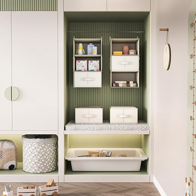 Vailando 3-Shelf Hanging Closet Organizer, Set of 2 Hanging Shelves with 2 Drawers for Wardrobe, Nursery, Baby Clothes Storage and Organization, Beige-NeatNest