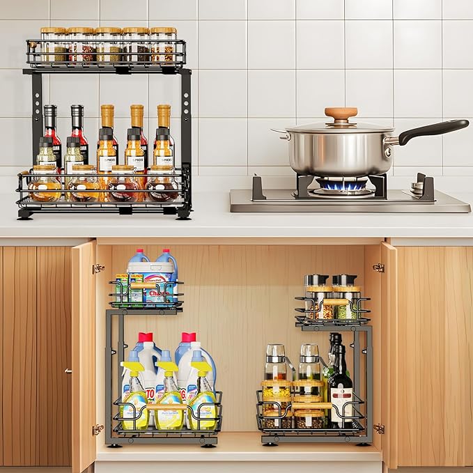JYPS 2 Pack Under Sink Organizer, 2 Tier Pull out Under Kitchen Bathroom Sink Organizer and Storage, Metal Sliding Drawer for Cabinet Pantry Undersink Organizers Shelf-NeatNest