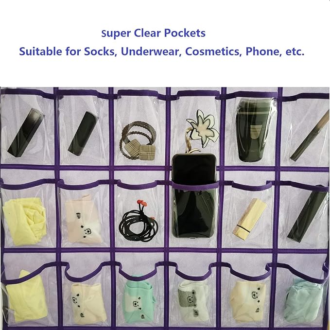 Classroom Pocket Chart for Phone Calculator Holder Over The Door Hanging Closet Jewelry Organizer with 30 Clear Pockets (Purple)-NeatNest
