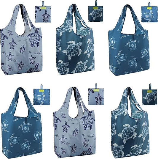 BeeGreen Sea Turtle Reusable Grocery Bags Large Tote Bag With Handles, Bulk Gift Foldable Shopping Bags for Women 6 Pack, Cute Cloth Bag, Heavy Duty, Washable For Beach, Holiday, Travel And Groceries-NeatNest