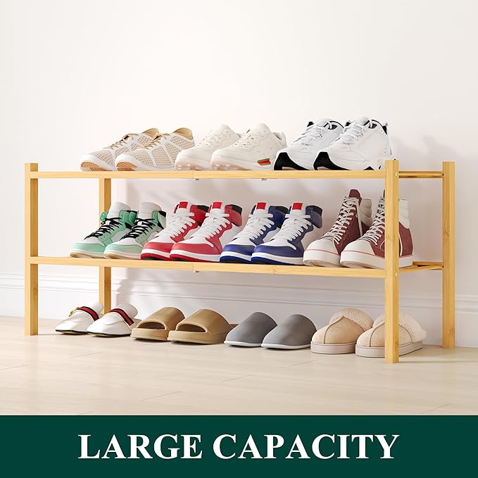 Smiry Shoe Rack, 2 Tier Long Bamboo Shoe Organizer, Stackable Free Standing Wooden Shoe Storage Shelf for Closet, Entryway, Front Door Entrance, Natural-NeatNest