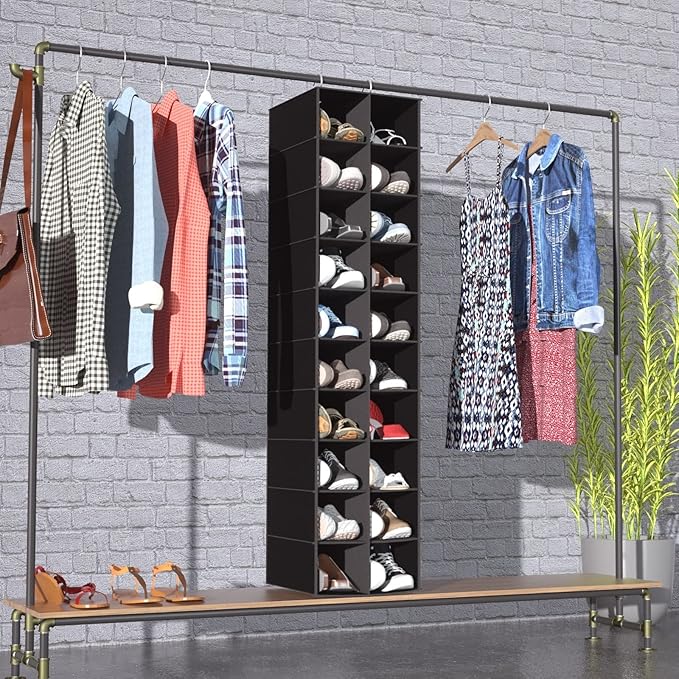 coastal rose Hanging Shoe Organizer for Closet, 20 Sections Hanging Closet Organizers and Storage Shelves, Space Saving Hanging Shoe Rack, Black, 12''W×12''Dx 50''H-NeatNest