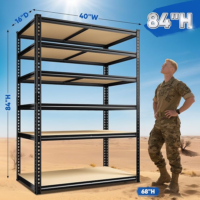 84" H Garage Shelving, 6 Tier Storage Shelves Load 3000 lbs, Adjustable Garage Shelves, Metal Shelving Unit for Warehouse, Basement, Pantry, 40" Wx 16" D x 84" H, Black-NeatNest