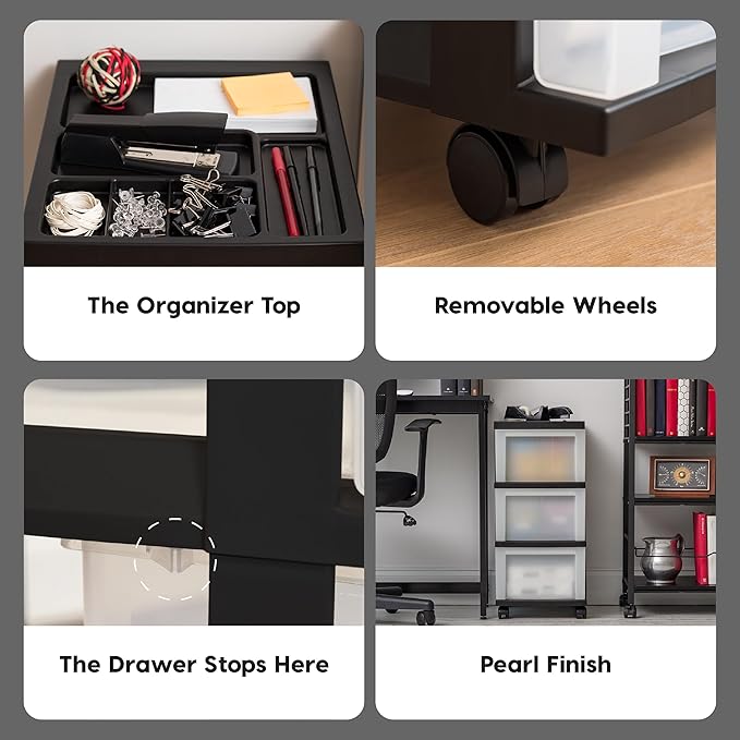 IRIS USA Plastic Drawer Storage Organizer Rolling Cart, with Wheels Casters, 3-Drawers, for Classroom Art Craft Supplies Dresser Closet Bathroom Laundry Room, Black/ Pearl