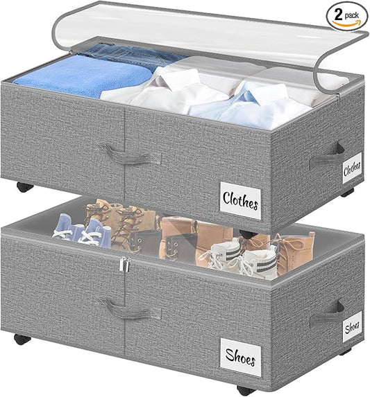 2 Pack Under Bed Storage with Wheels 10" Height, Rolling Storage Bins XXL 60L, Underbed Shoe Storage Containers with Label & Clear Lid, Dorm Under bed Drawers for Clothes, Shoes, Quick Assembly, Grey-NeatNest