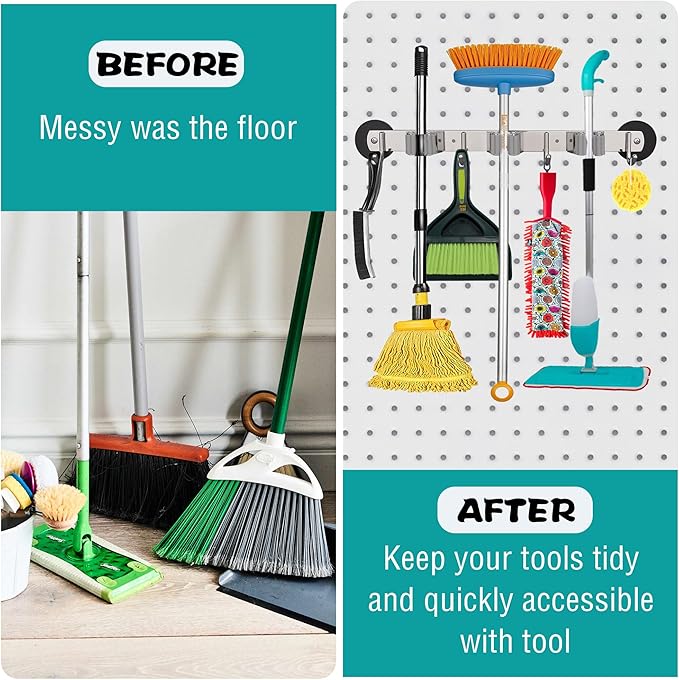 ULIBERMAGNET Magnetic Broom Holder,Heavy Duty Movable Magnetic Mop Holder Rack,Anti-slip Wall Mounted Utility Storage Mop Shovel Hanger for Garage, Kitchen, Laundry, Garden(3 Racks / 4 Hooks)