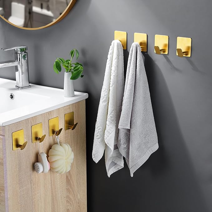 DELITON 8 Pack Gold Wall Hooks - Adhesive Towel Hooks for Bathrooms Kitchen Livingroom Garage, Heavy Duty Hook for Walls, No Damage, Stainless Steel-NeatNest